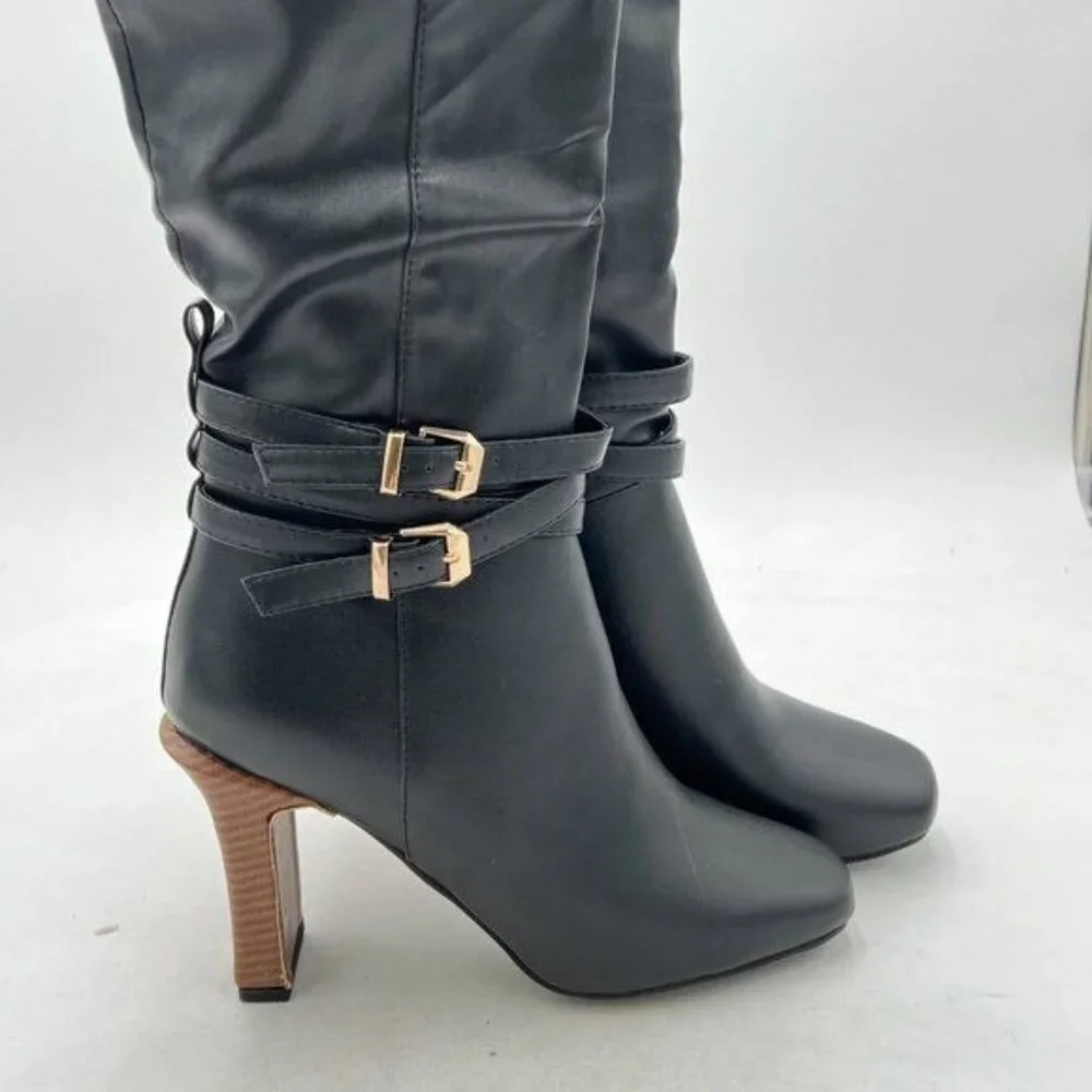 Black Women Fashion Knee High Long Boots Pull On Closed Toe Chunky Mid Heel